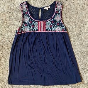 Women’s Skoes Are Blue navy crochet back tank size medium